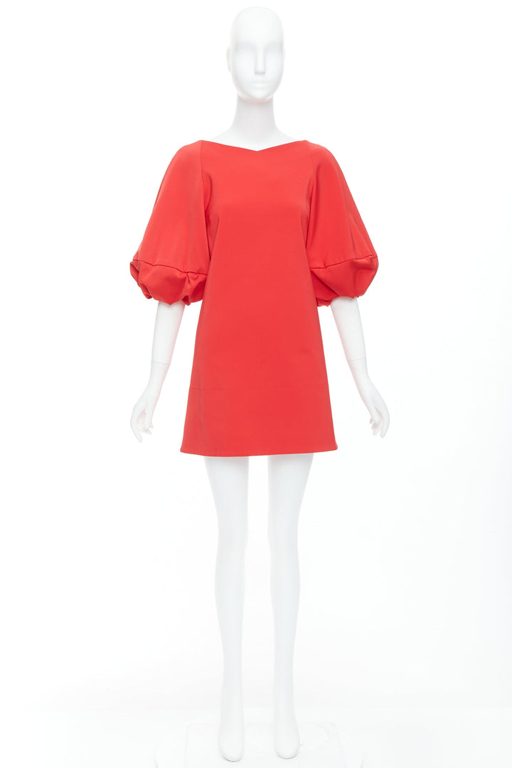 TIBI red satin puff half sleeve V cut out back mini dress US2 S