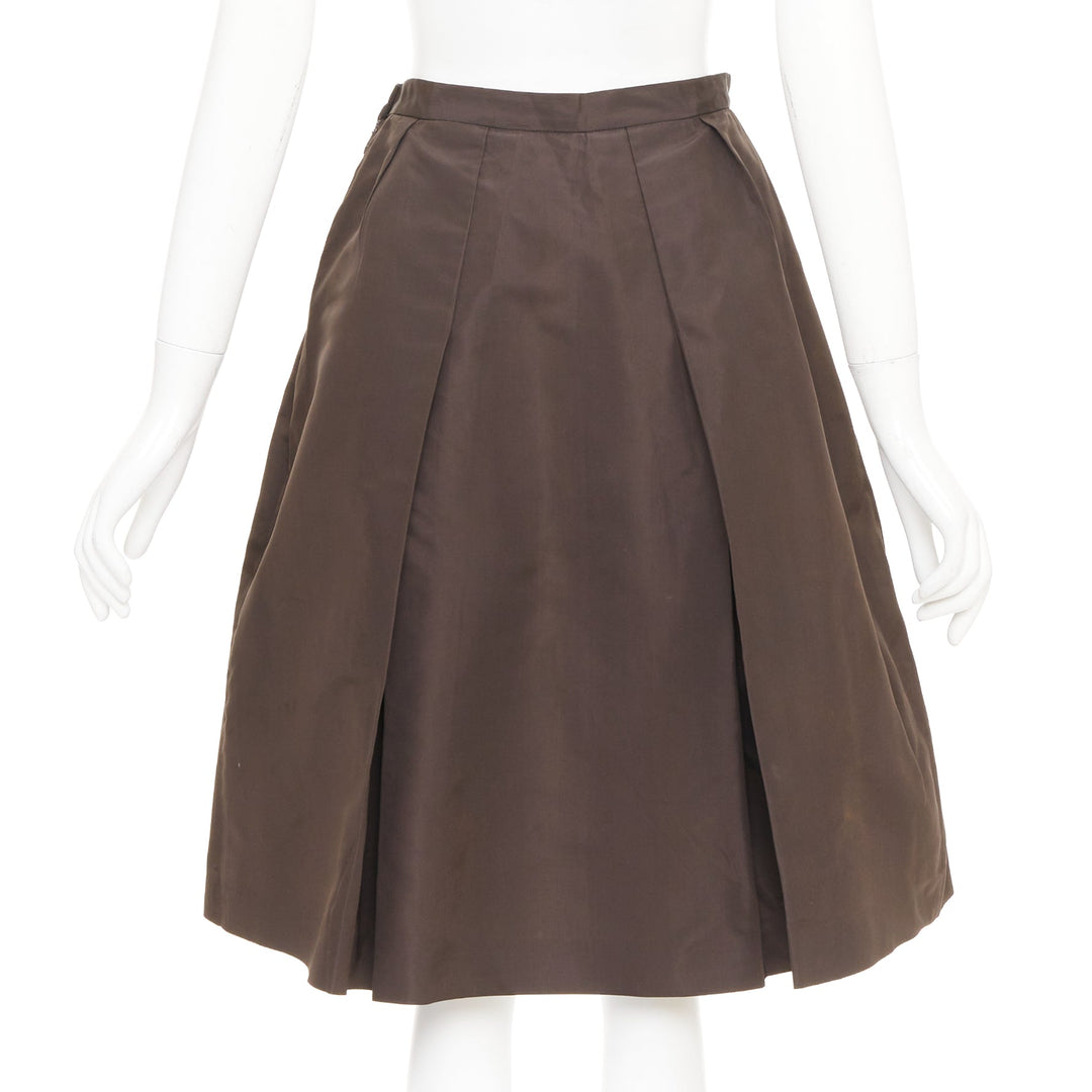 PRADA Vintage brown silk nylon grosgrain pleat flared a line midi skirt IT42 M