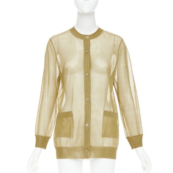 SAINT LAURENT 2024 100% silk  beige gold sheer crew neck cardigan top L