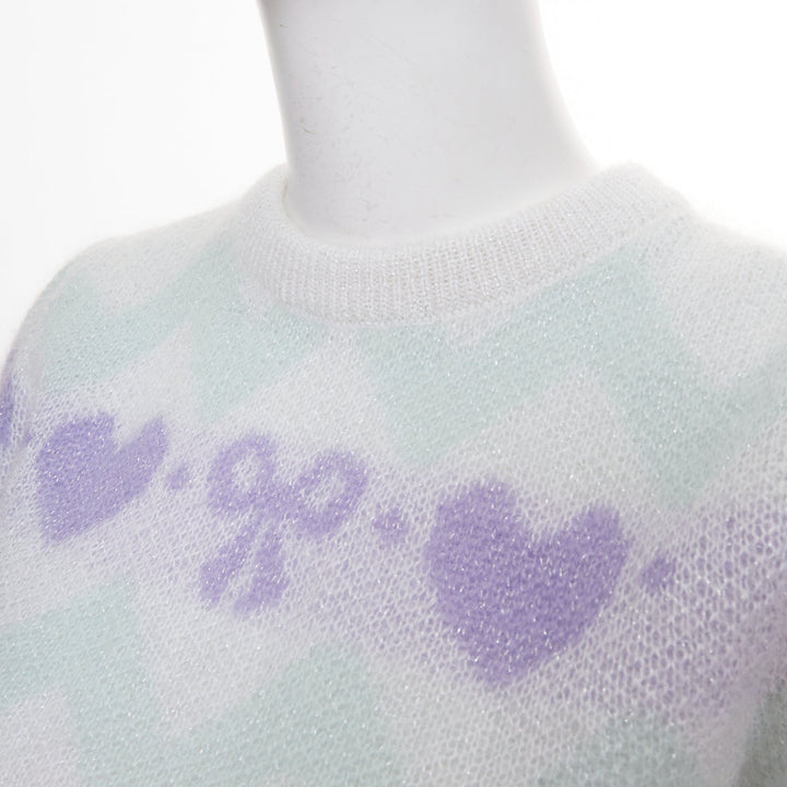 ALESSANDRA RICH Pastel hearts bows jacquard metallic mohair blend top IT38 XS