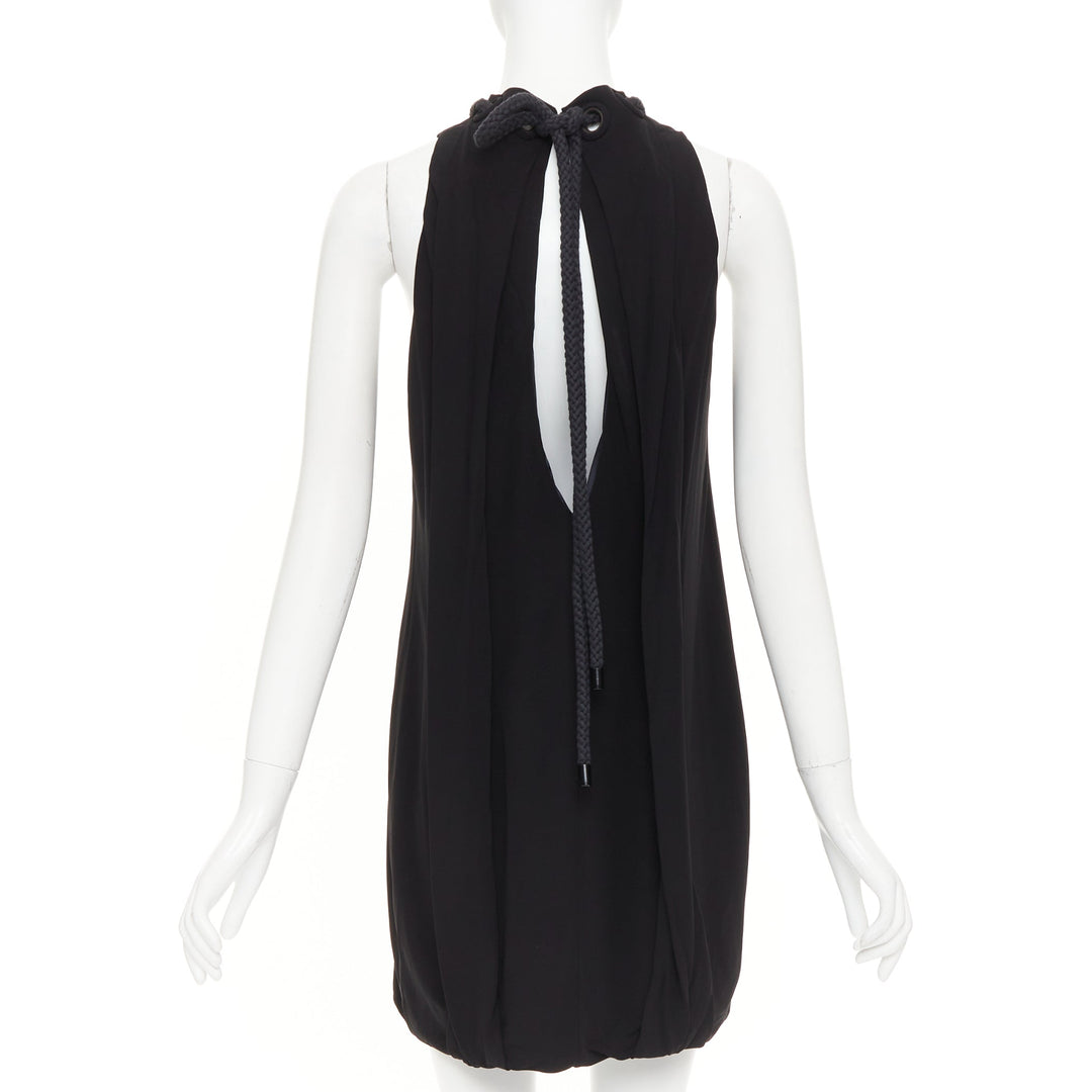 BALENCIAGA 2007 rope eyelet gathered neck black silk drop waist dress FR36 S