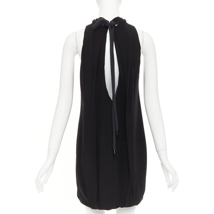 BALENCIAGA 2007 rope eyelet gathered neck black silk drop waist dress FR36 S