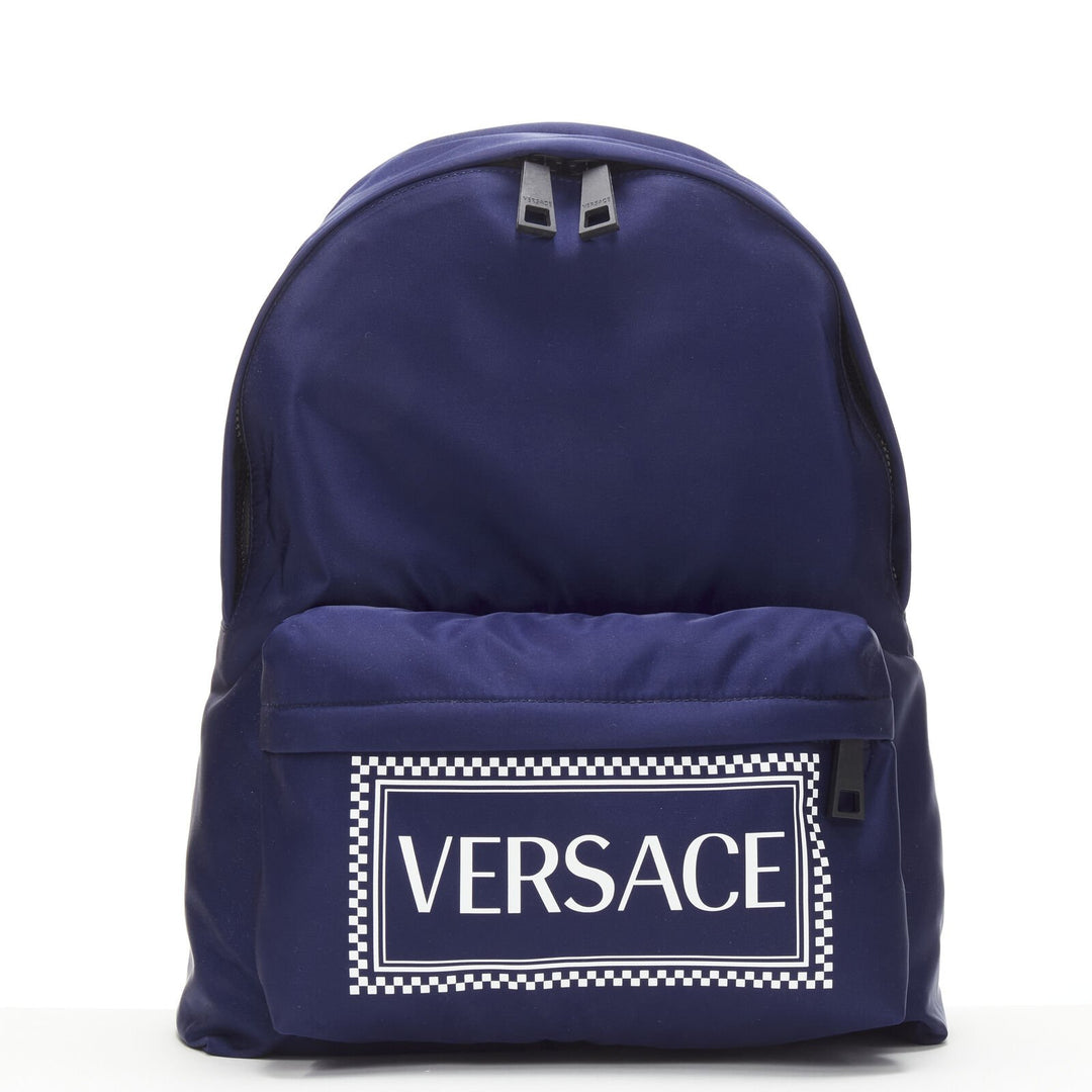 VERSACE 90's Box Logo navy blue nylon Greca strap backpack