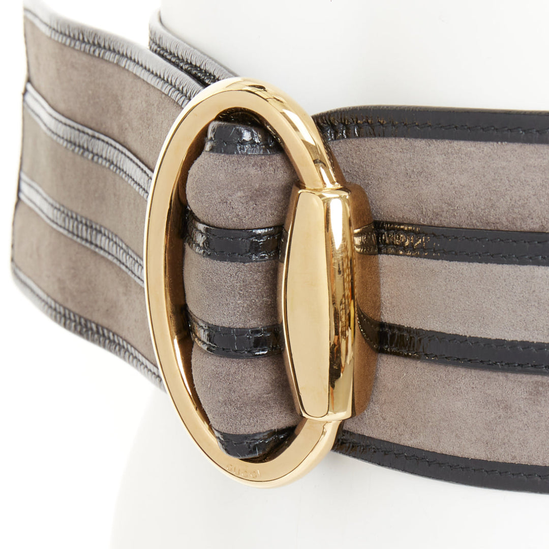 GUCCI Vintage grey suede black trim oval gold buckle wide waist belt 70cm