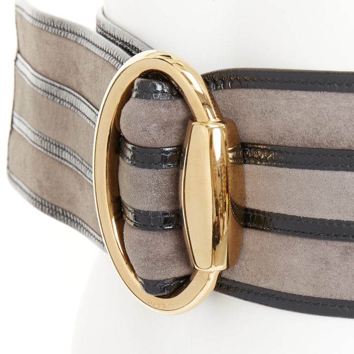 GUCCI Vintage grey suede black trim oval gold buckle wide waist belt 70cm