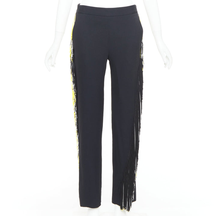 CHRISTOPHER KANE black georgette yellow white fringe trim trouser pants UK8 S