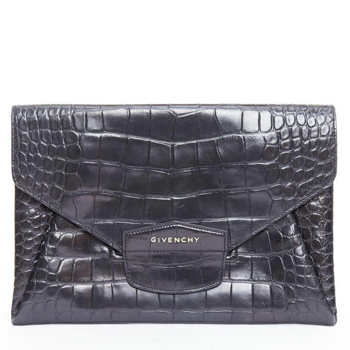 GIVENCHY Antigona black embossed leather silver logo envelope clutch