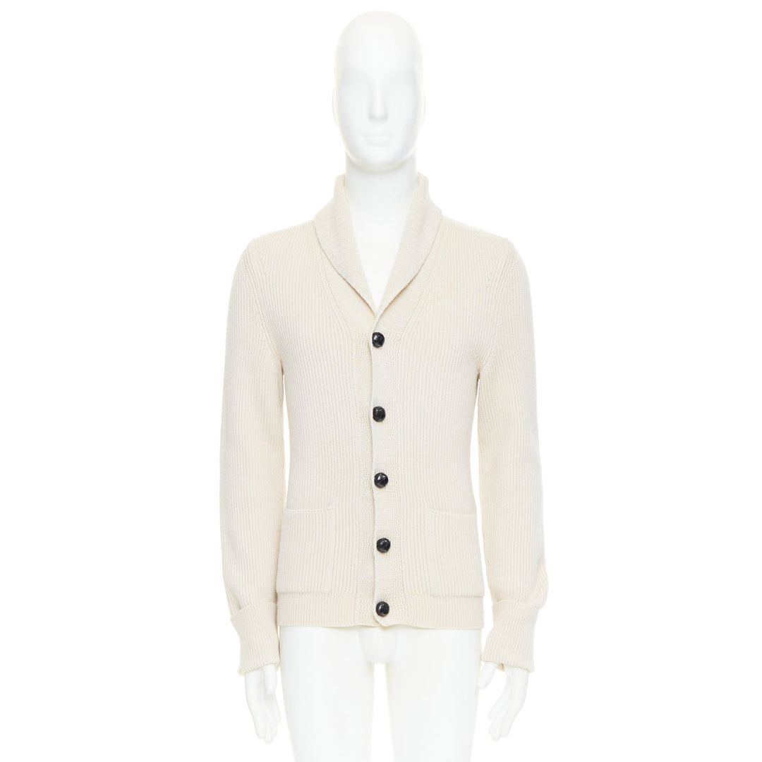 TOM FORD cream 100% wool ribbed shawl collar buttoned cardigan IT46 S