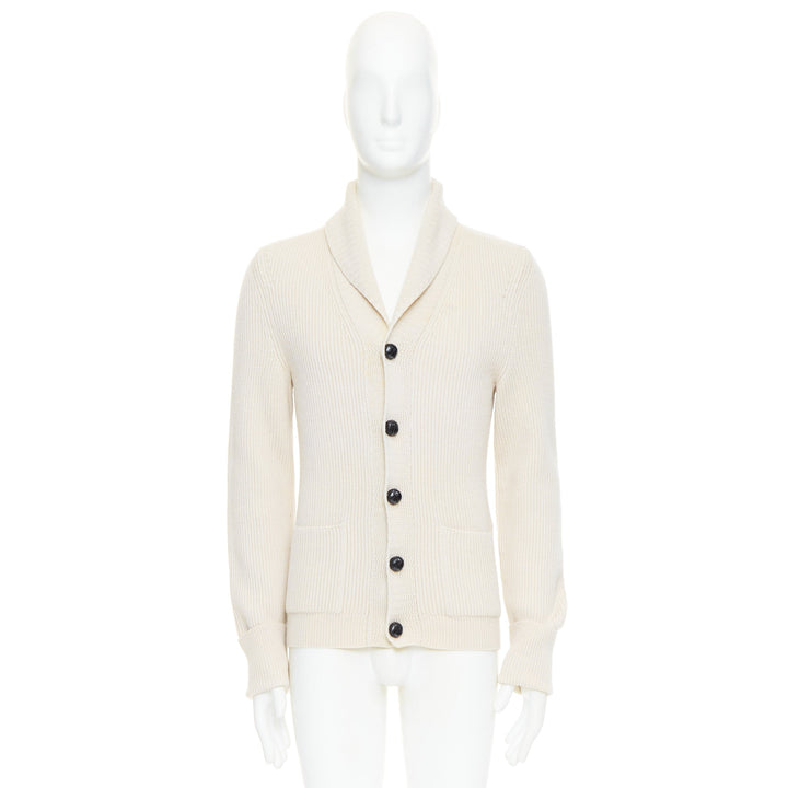 TOM FORD cream 100% wool ribbed shawl collar buttoned cardigan IT46 S