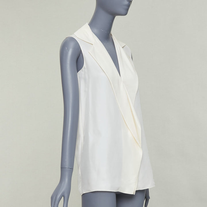 LANVIN 2015 cream silk wide lapel plunge neck sleeveless blouse top FR34 XS