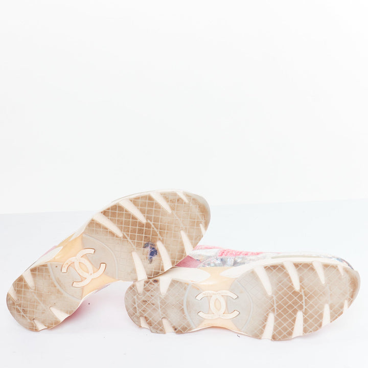 CHANEL 2014 pink tweed silver holographic silver leather sneakers EU38.5