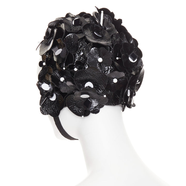 MIU MIU 2017 Runway black patent leather petals beaded retro swim cap hat S