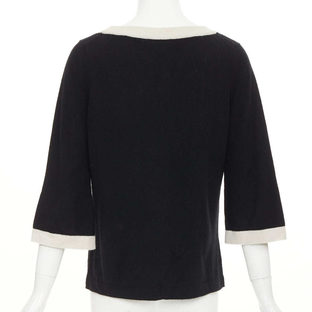 CHANEL black 100% cashmere white contrast trim CC button pocket pullover FR40 L