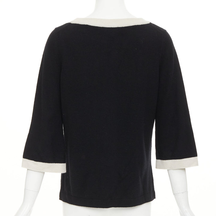 CHANEL black 100% cashmere white contrast trim CC button pocket pullover FR40 L