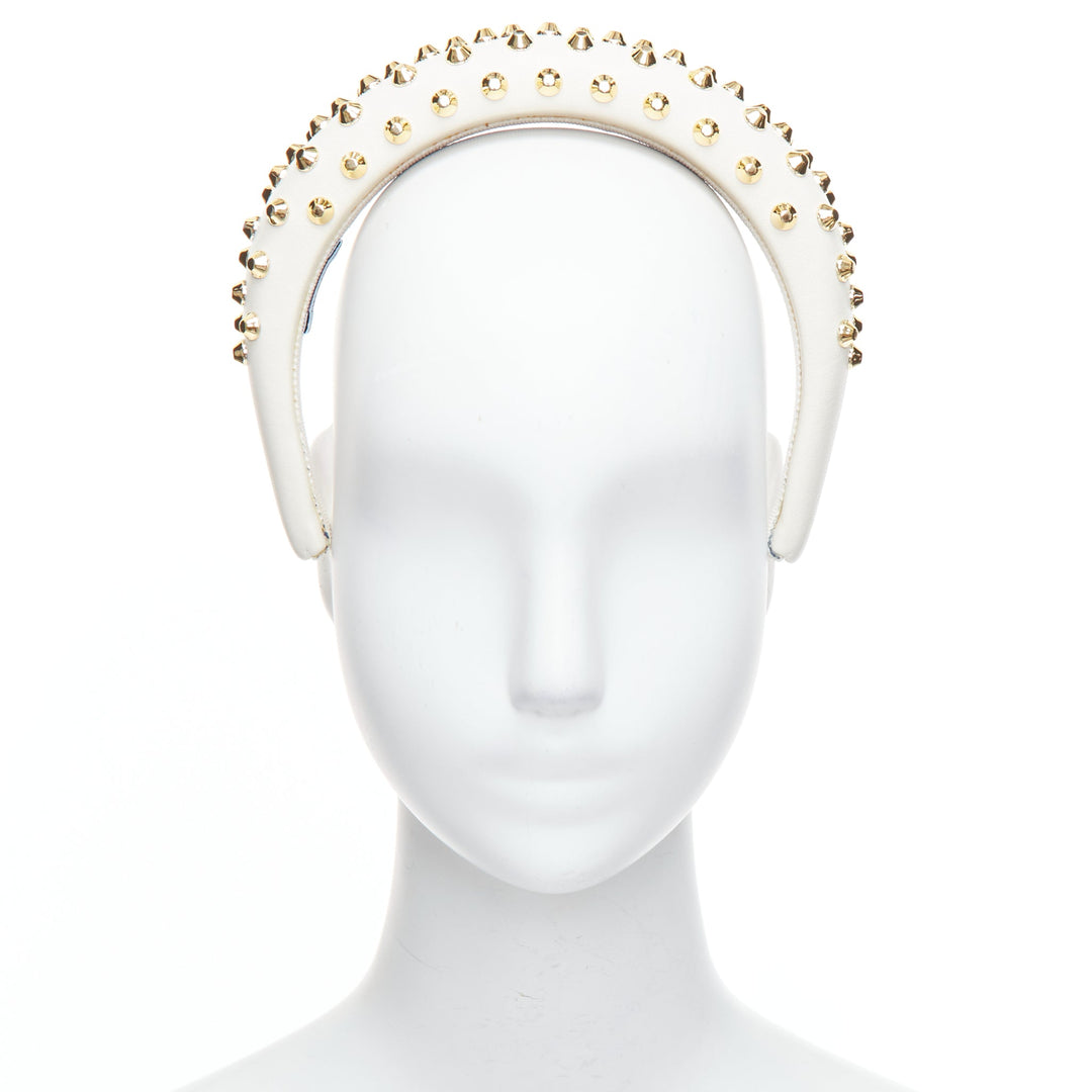 PRADA white leather gold studded padded Alice headband