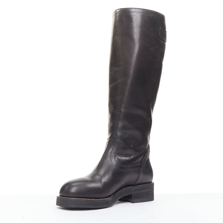 MARNI black leather silver buckle side round toe knee high boots EU37.5