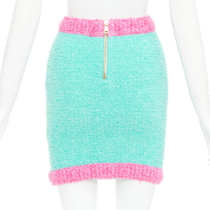 BALMAIN turquoise pink gold button embellished boucle skirt FR34 XS