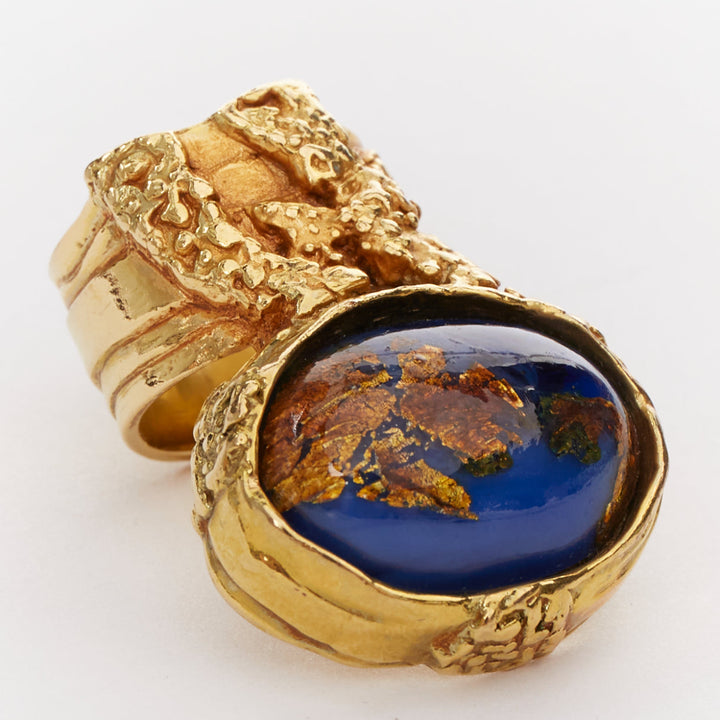 YVES SAINT LAURENT YSL Arty gold tone blue lapis foil enamel cabochon ring US7