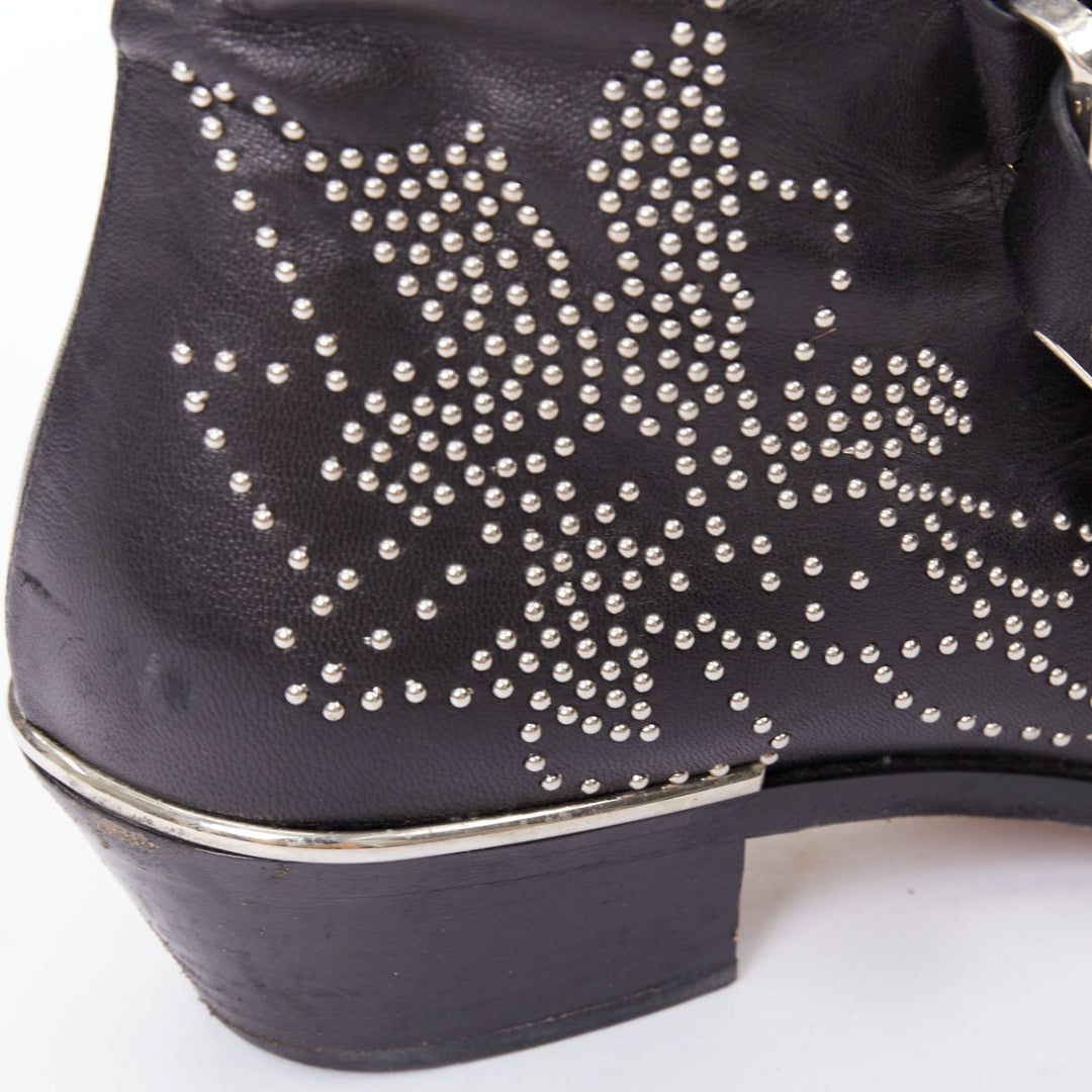CHLOE Susanna black leather silver studded buckles rock grunge boots EU39