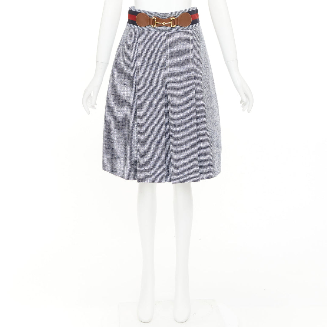 GUCCI blue cotton twill red Web Horsebit belt pleated midi skirt IT40 S