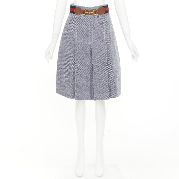 GUCCI blue cotton twill red Web Horsebit belt pleated midi skirt IT40 S