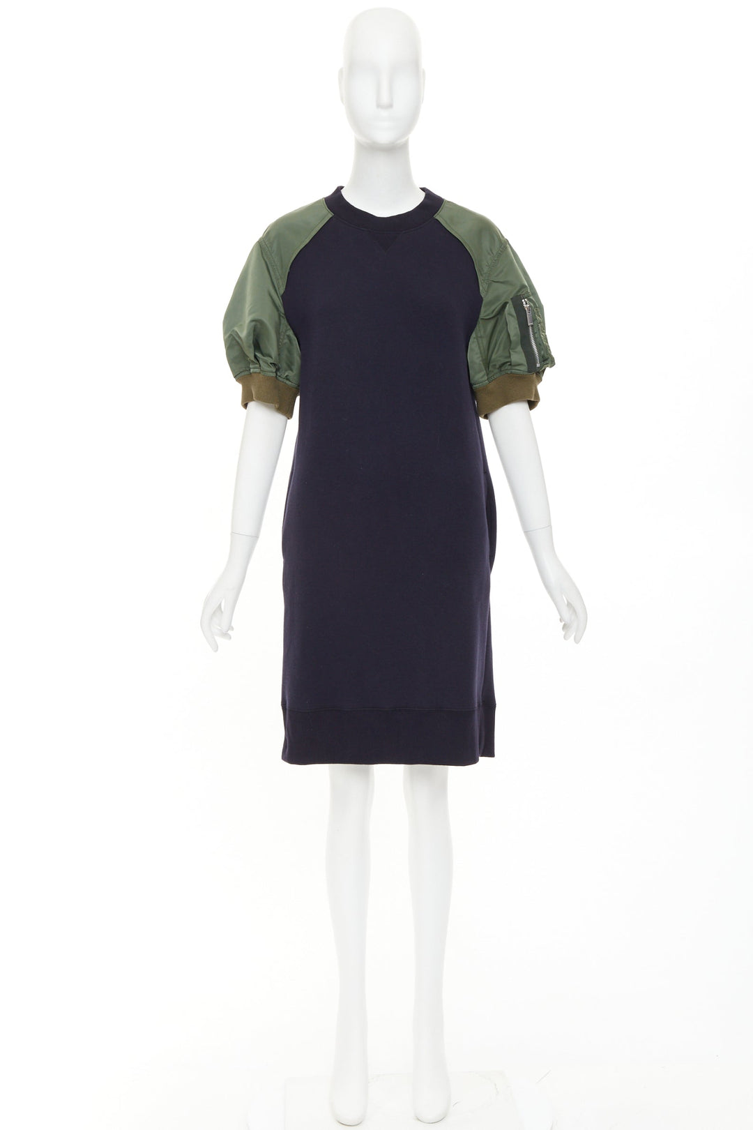 SACAI 2022 navy green sponge sweat MA-1 bomber sleeve sweater dress JP3 L