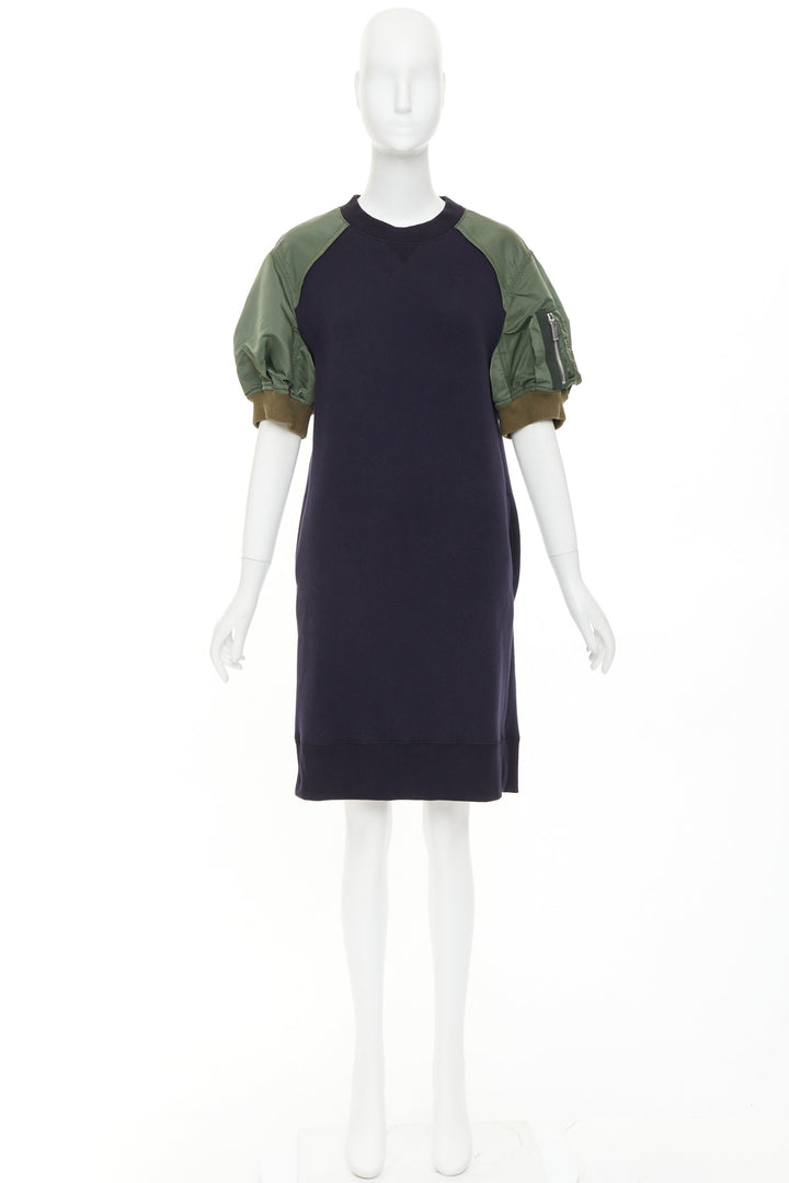 SACAI 2022 navy green sponge sweat MA-1 bomber sleeve sweater dress JP3 L