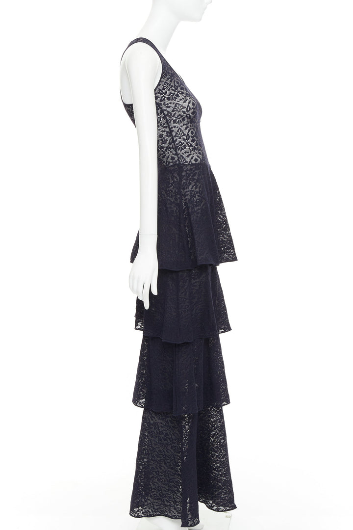 STELLA MCCARTNEY navy sheer floral lace layered tier dress IT40 S