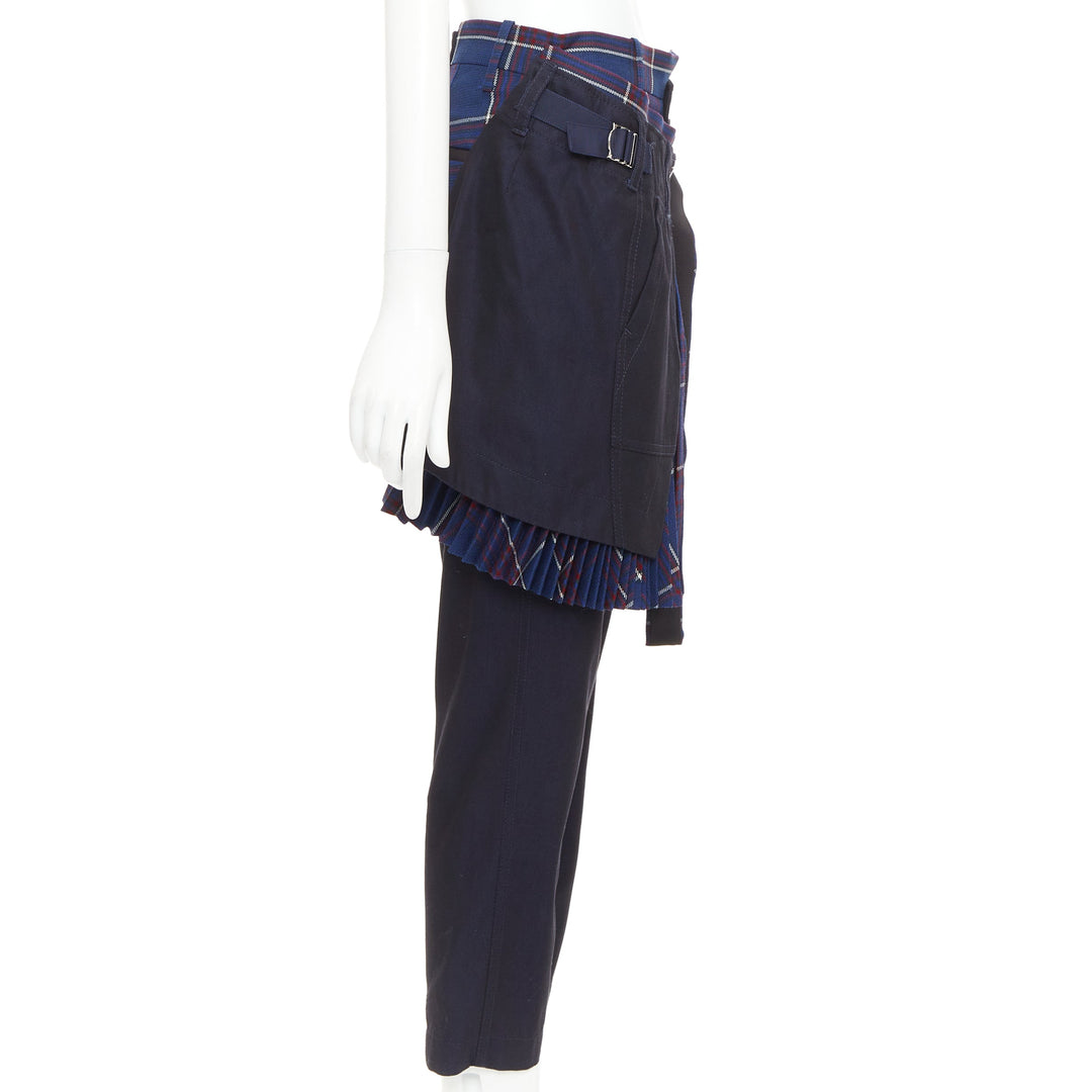 SACAI 2018 navy red cotton wool plaid kilt deconstructed cropped pants JP1 S