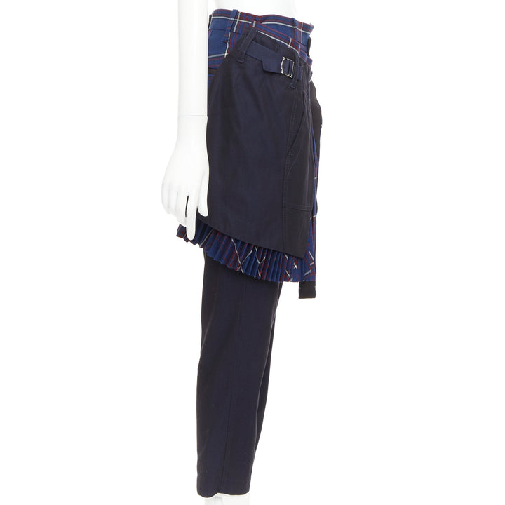 SACAI 2018 navy red cotton wool plaid kilt deconstructed cropped pants JP1 S