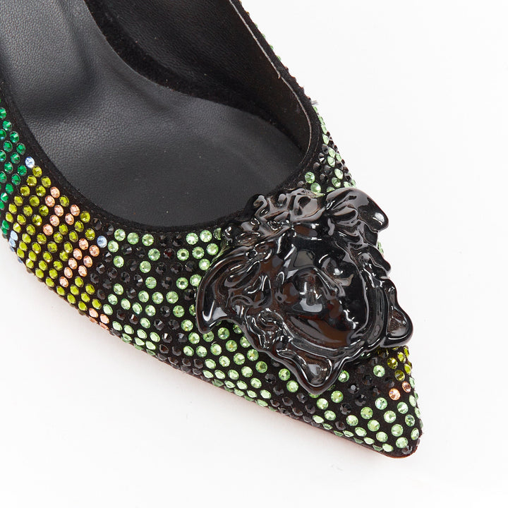VERSACE 2015 Palazzo camouflage green rhinestone crystal Medusa pumps EU36 US6