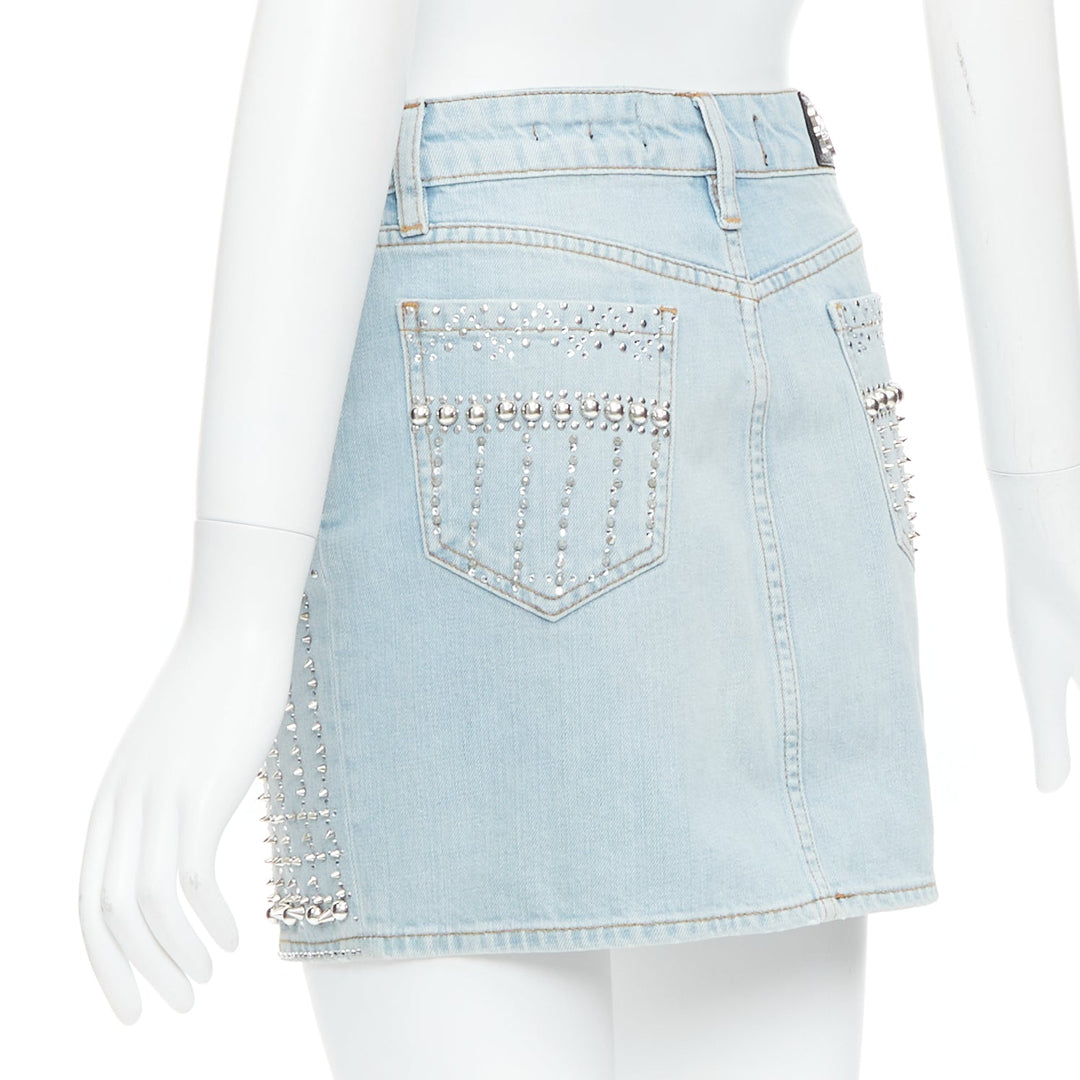 PHILLIP PLEIN New Skirt blue cotton stud crystal front zip skirt 25"