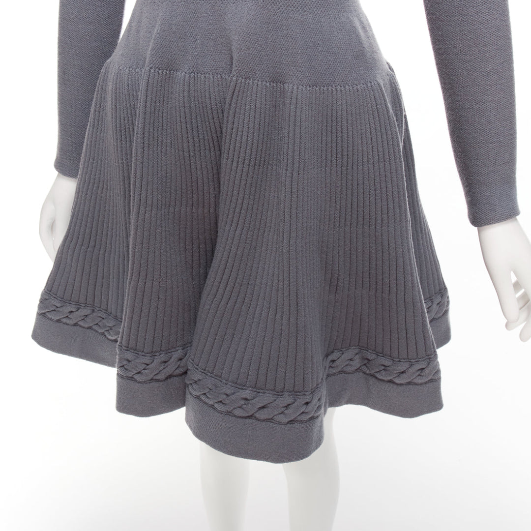 ALAIA grey virgin wool blend crew cable fit flare knitted dress FR38 XS