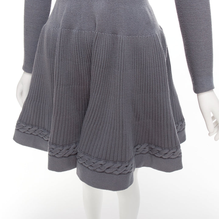 ALAIA grey virgin wool blend crew cable fit flare knitted dress FR38 XS