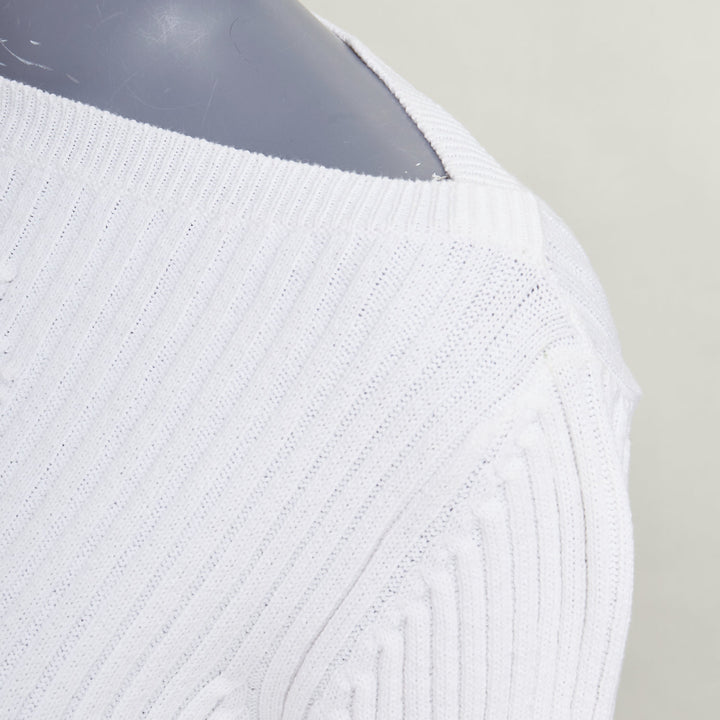 CHANEL white ribbed cotton knit CC logo buckle sash sweater FR36 S