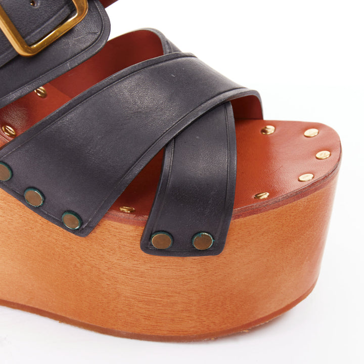 CELINE Phoebe Philo black brown calf wooden platform clog sandals EU37