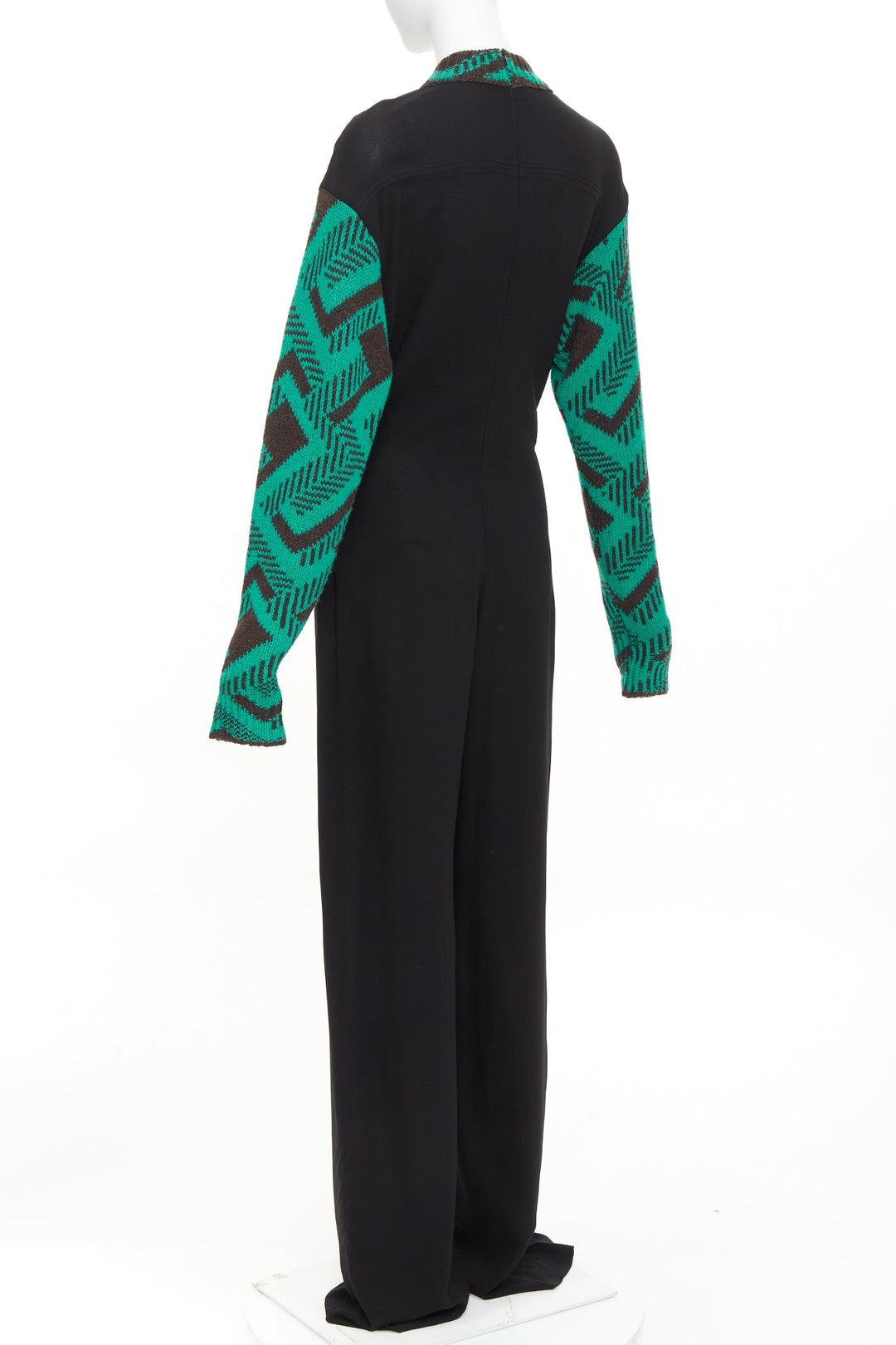 PRADA 2021 Runway black sable green jacquard wool knit pleated jumpsuit IT38 XS