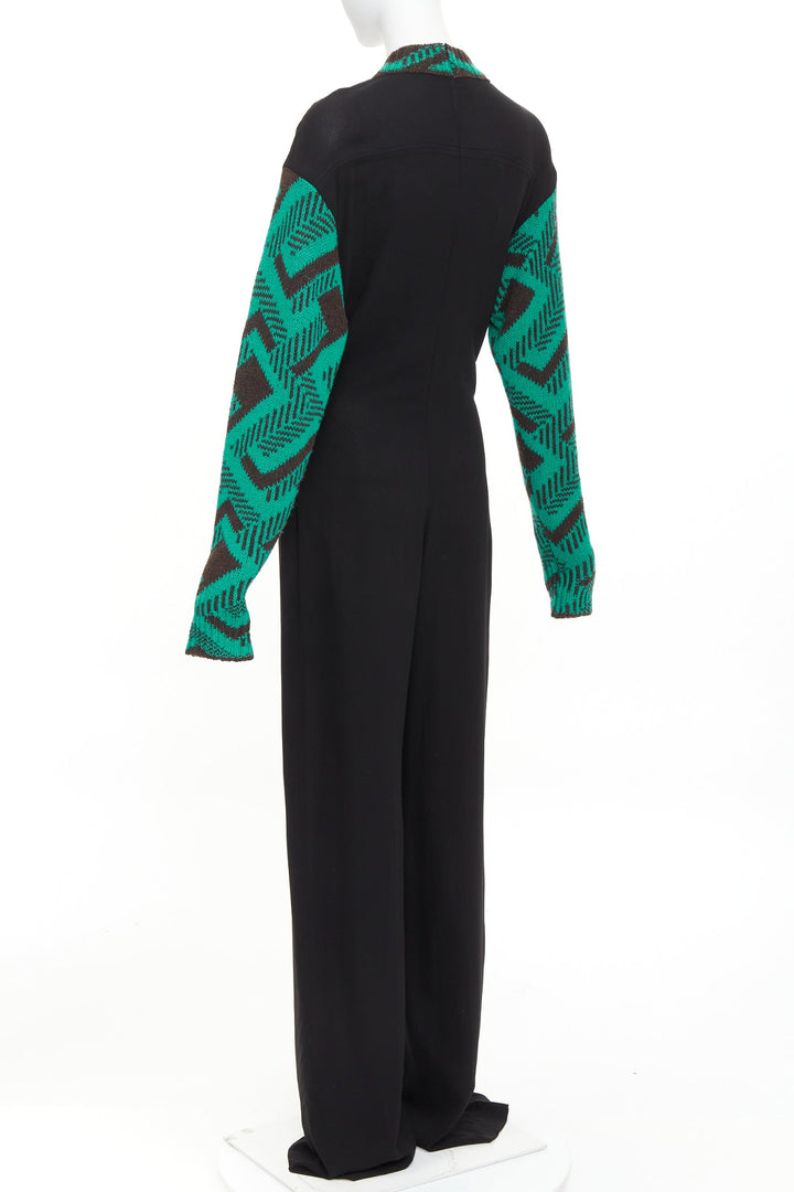 PRADA 2021 Runway black sable green jacquard wool knit pleated jumpsuit IT38 XS