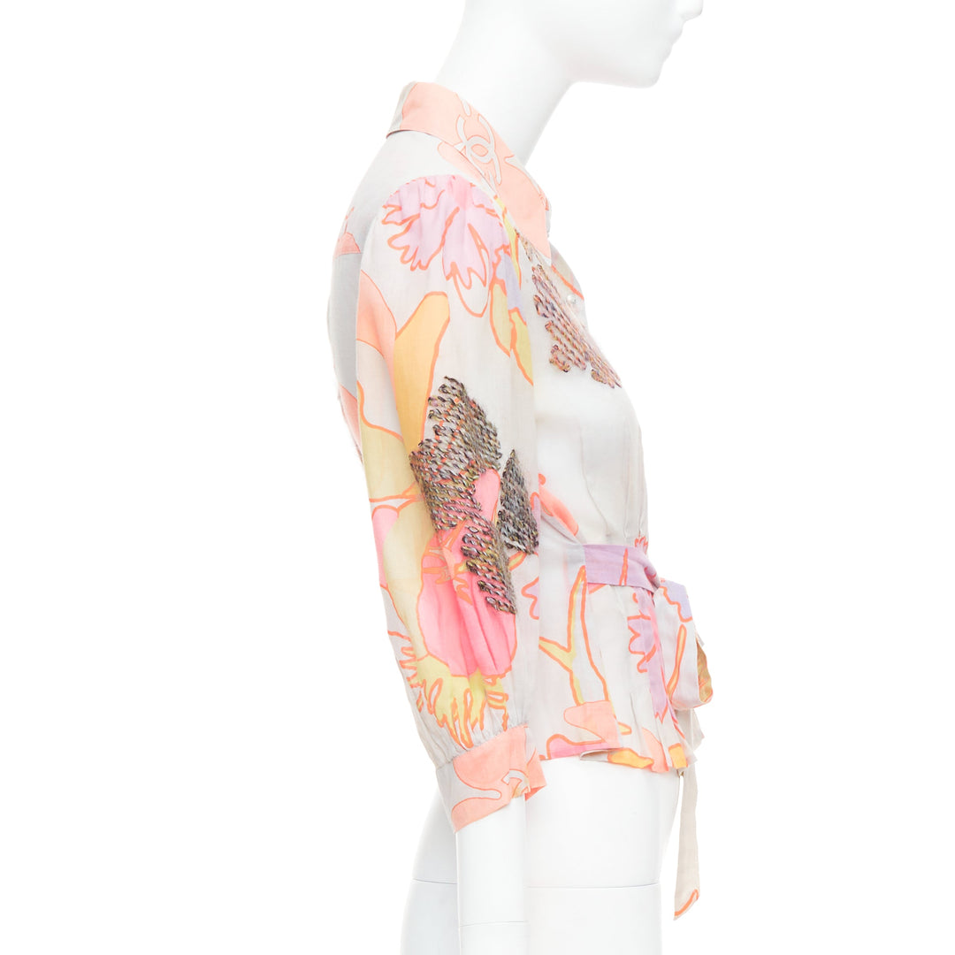 CHANEL 03P cotton floral print embroidery tie belt crop blouse FR36 S