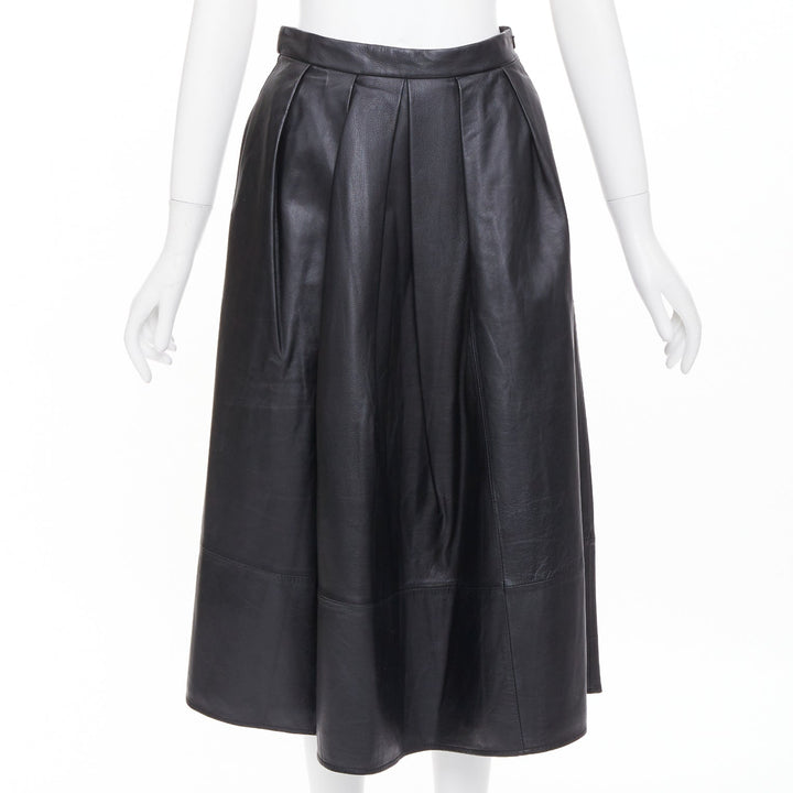TIBI black lambskin pleated high waist full flare a line midi skirt US0 XS