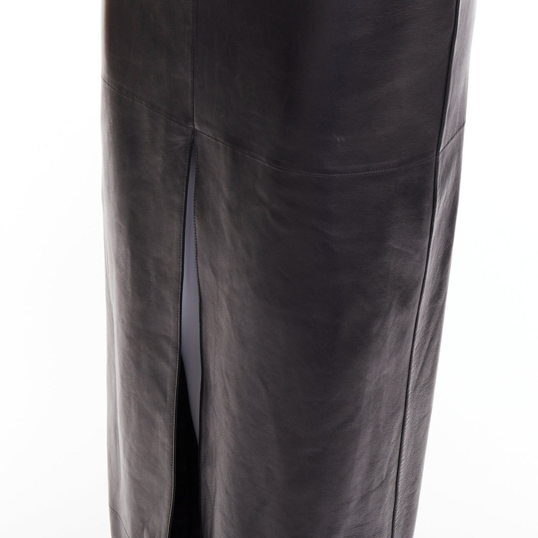 SAINT LAURENT 2024 black lambskin plunge low cut back slit slip gown FR34 XS