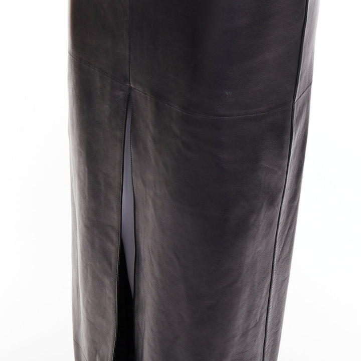 SAINT LAURENT 2024 black lambskin plunge low cut back slit slip gown FR34 XS