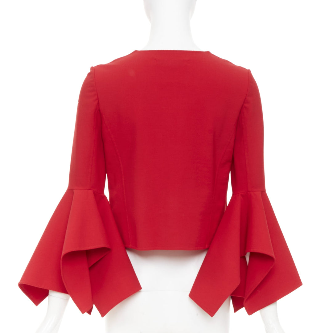 OSCAR DE LA RENTA 2018 flared ruffle sleeve cropped red wool jacket US0 XS