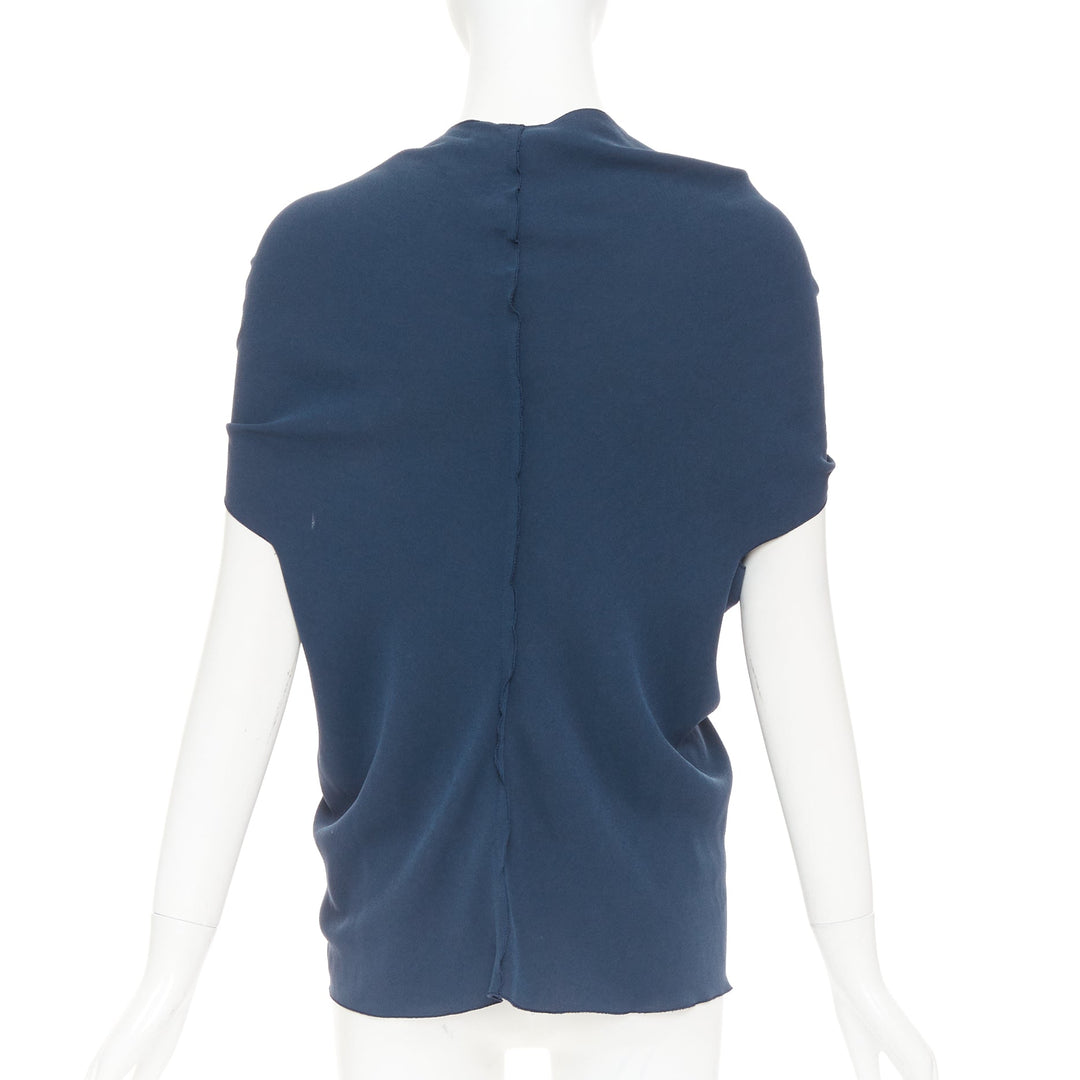 LANVIN 2009 navy triacetate blend twist front square neck ruched top FR34 XS
