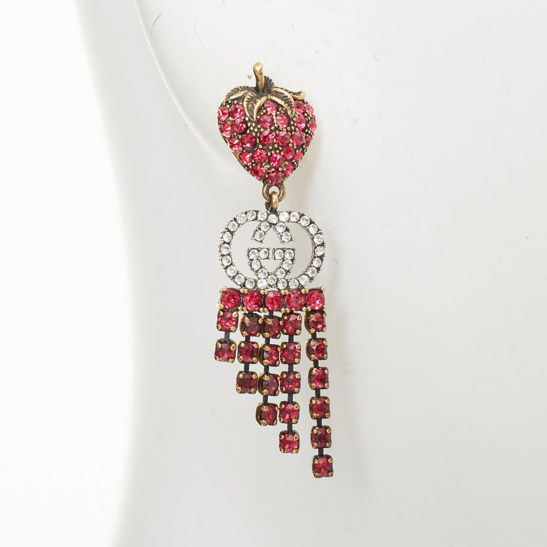 GUCCI 2019 GG crystal strawberry pink rhinestone tiered fringe earrings Pair