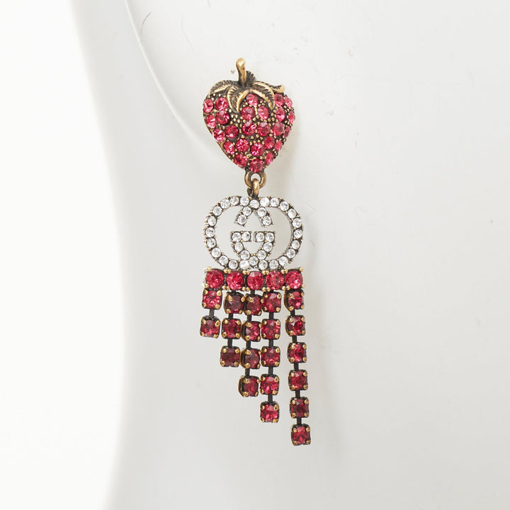 GUCCI 2019 GG crystal strawberry pink rhinestone tiered fringe earrings Pair