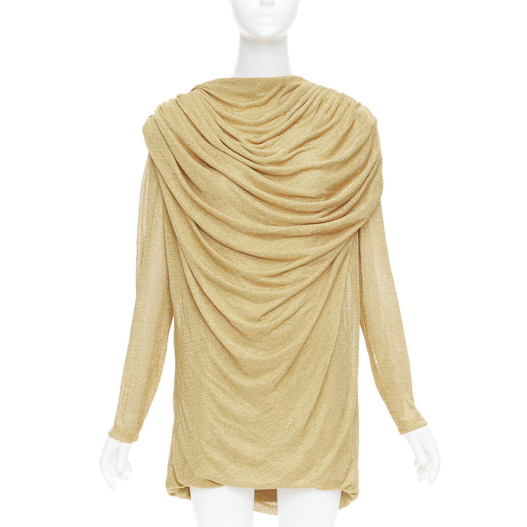 KHAITE Taiden gold metallic stretch knit drape open back mini dress L