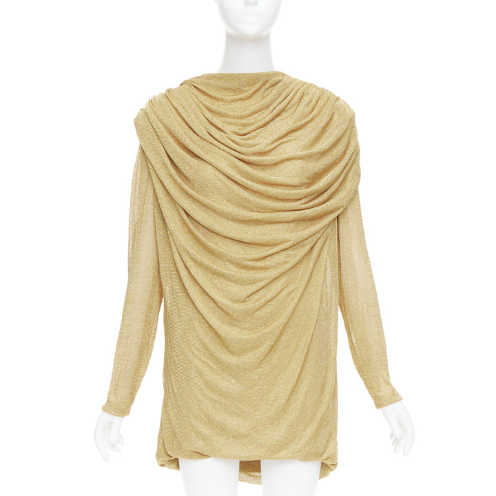 KHAITE Taiden gold metallic stretch knit drape open back mini dress L