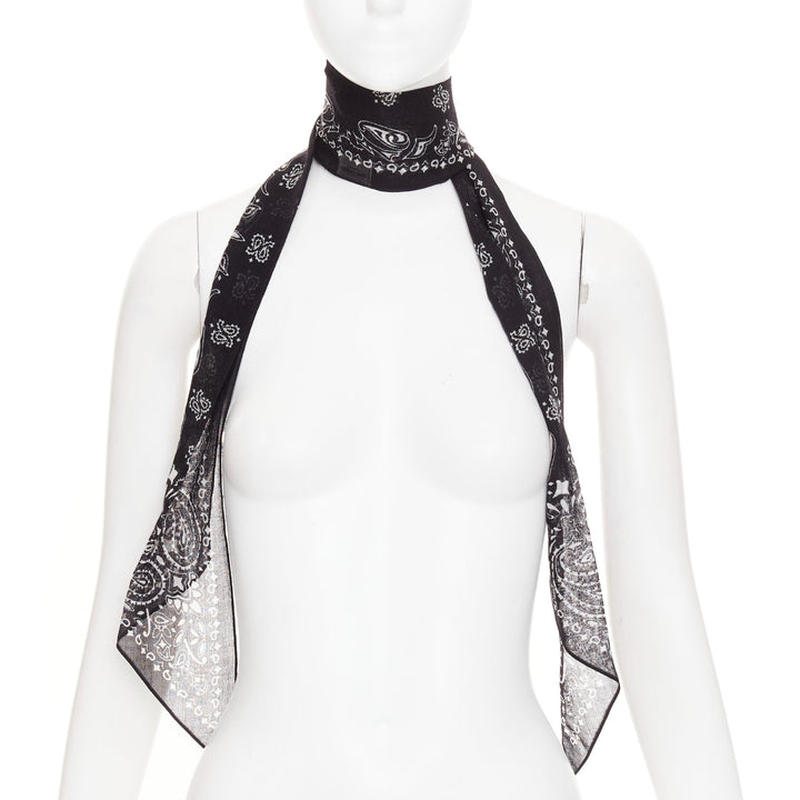SAINT LAURENT 2019 Bandana Lavalliere Tie black white wool paisley print scarf