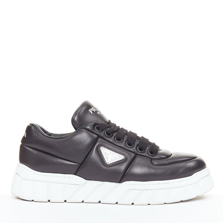 PRADA Padded Nappa Leather low top silver triangle logo chunky sneakers UK8.5